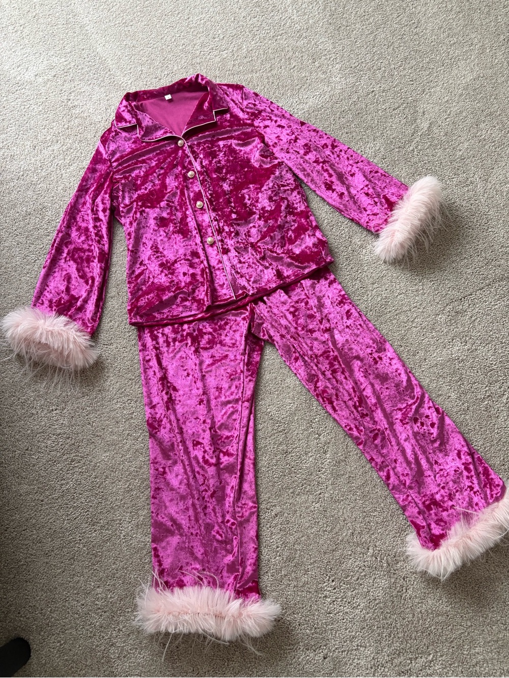 Womens Plush Velvet Pink Pajama Set with Faux Fur Trim